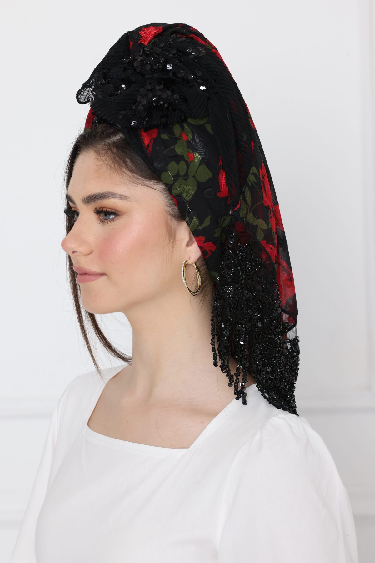 ⁦מטפחת לונג משולב פרנז מעוטר שחור⁩ – תמונה ⁦3⁩