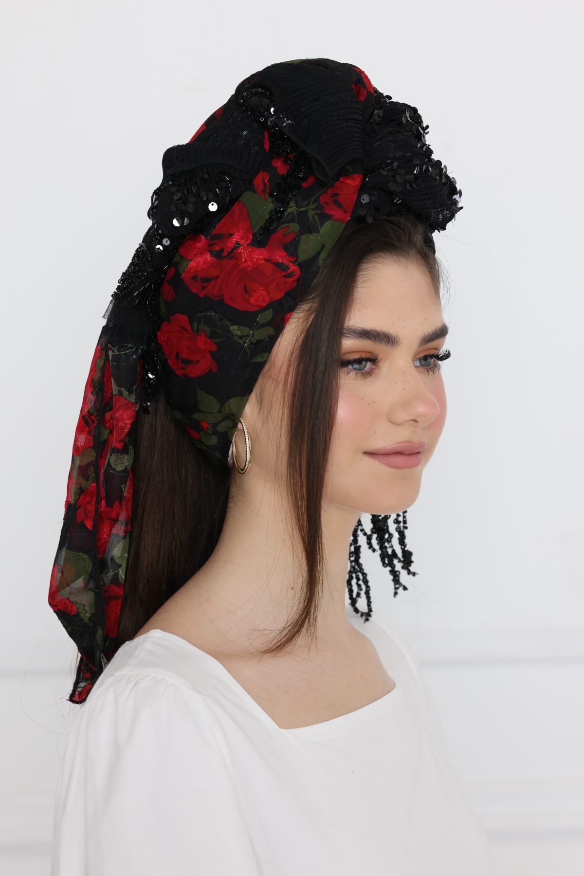 ⁦מטפחת לונג משולב פרנז מעוטר שחור⁩ – תמונה ⁦2⁩