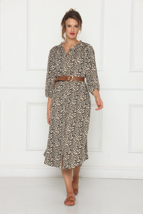 שמלה גלביה מנומר מכופתרת + חגורה