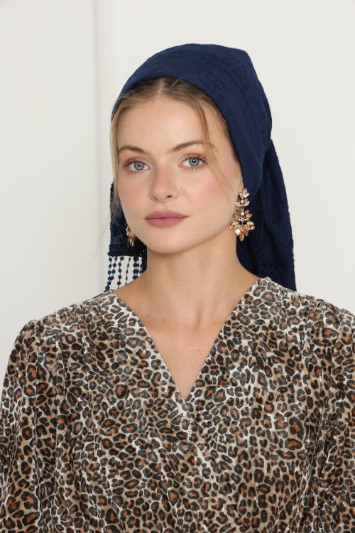 לונג כחול אחיד כותנה רקומה