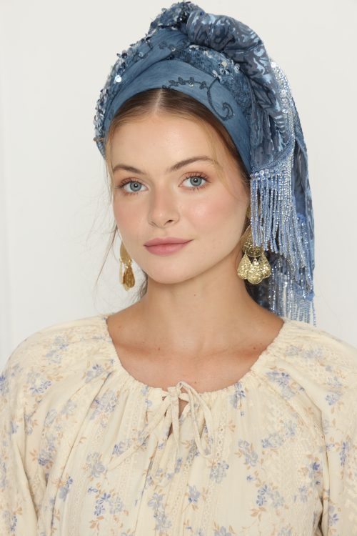 לונג קטיפה צרובה משולב פייט כחול