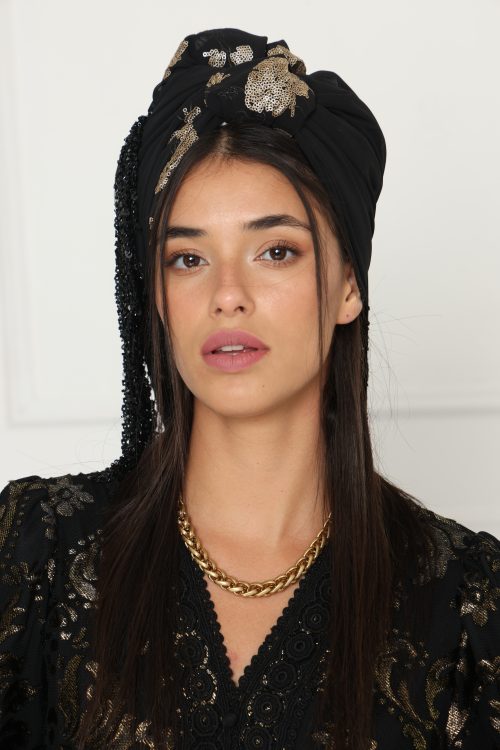 לונג שיפון רקום זהב משולב שחור