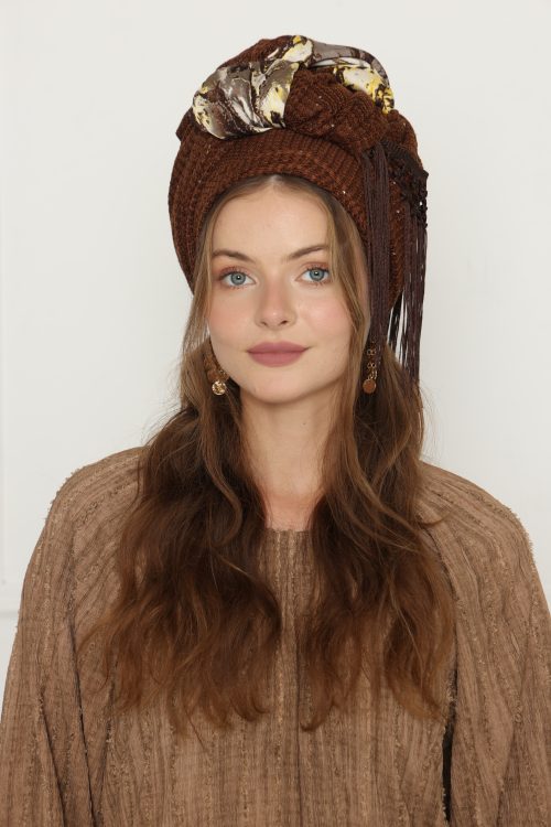 לונג סריג משולב שיפון חום/צהוב