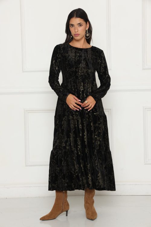 שמלה קטיפה דפוס צהוב