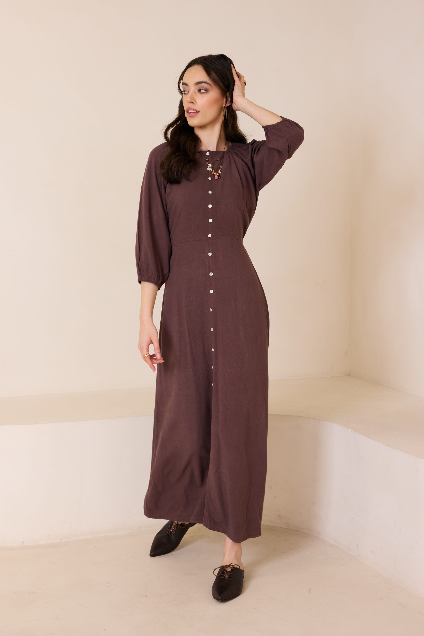 שמלה פשתן כפתורים מקסי